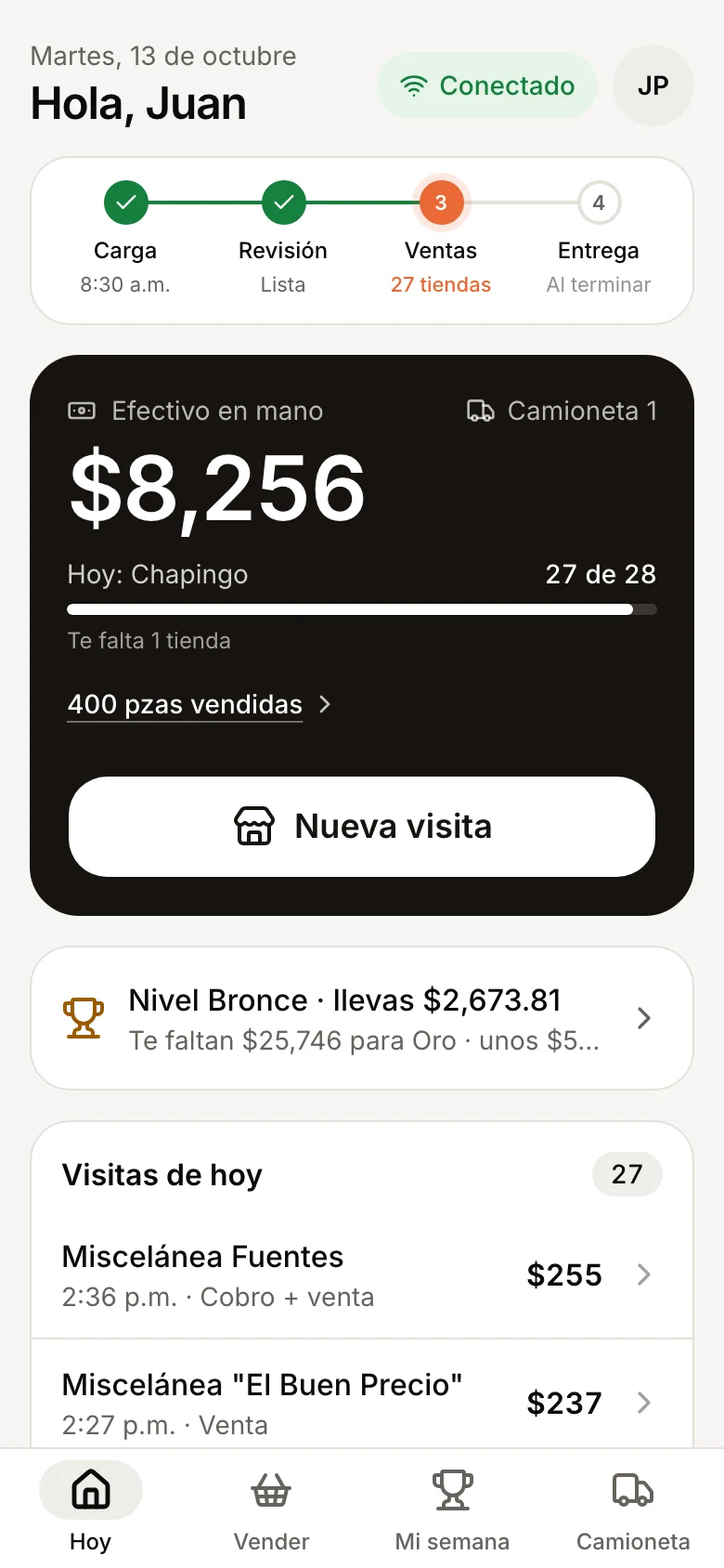 Pantalla de inicio del vendedor con el efectivo en mano y el avance de la ruta.
